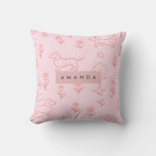 Cojín Decorativo Dachshund Rosa Personalizado y Flor
