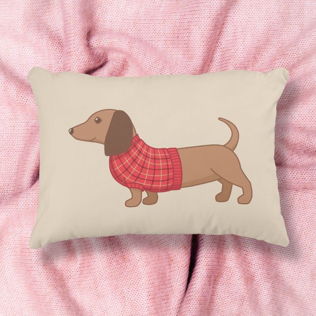 Cojín Decorativo Dachshund Wiener Perro suéter de sebo rojo en beig (Subido por el creador)
