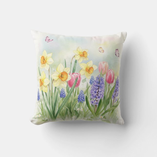 Cojín Decorativo Daffodias, Tulipanes, Hyacintos, Mariposas Pillow (Anverso)