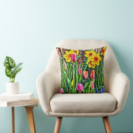 Cojín Decorativo Daffodis amarillo Tulipanes morados Mascari azul