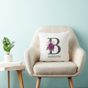 Cojín Decorativo Dahlia Floral en Burgundy Letra de Alfabeto Monogr