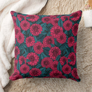 Cojín Decorativo Dahlia roja jardín/hojas azules