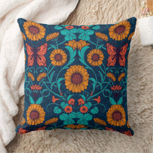 Cojín Decorativo Daisias de Art Nouveau en azul y amarillo