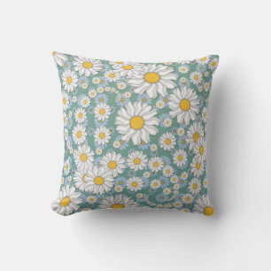 Cojín Decorativo Daisitas blancas mudas sobre verde azul Verde azul