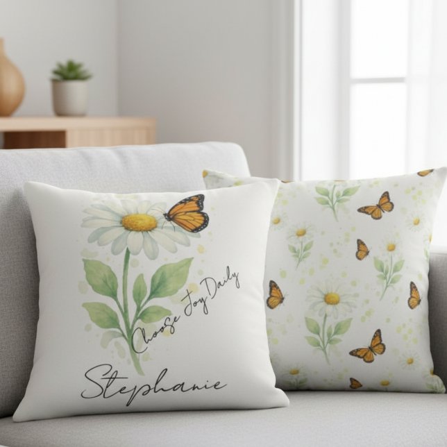 Cojín Decorativo Daisy Butterfly Throw Pillow - Inspirational Decor (Inspirational Daisy and Monarch Butterfly throw pillow)