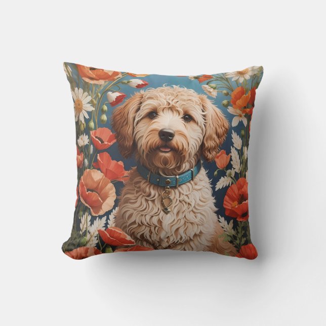 Cojín Decorativo Daisy De Labradoodle Y Flor De Adormidera (Anverso)