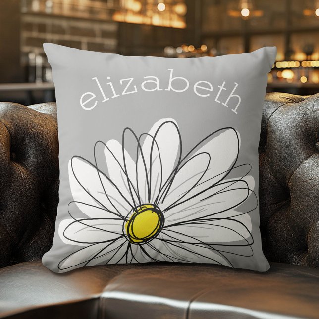 Cojín Decorativo Daisy de moda con gris y amarillo (Whimsical Custom Monogram Pillow)