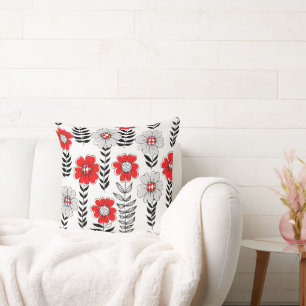 Cojín Decorativo Daisy doodles en rojo y negro