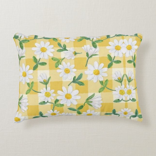 Cojín Decorativo Daisy Floral Yellow Gingham Throw Pillow (Anverso)