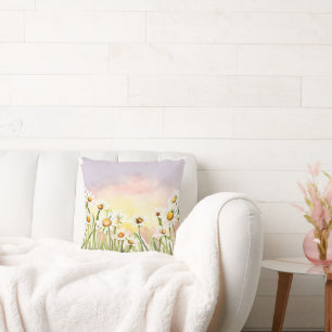 Cojín Decorativo Daisy Flower field sunset Pintado acuarela