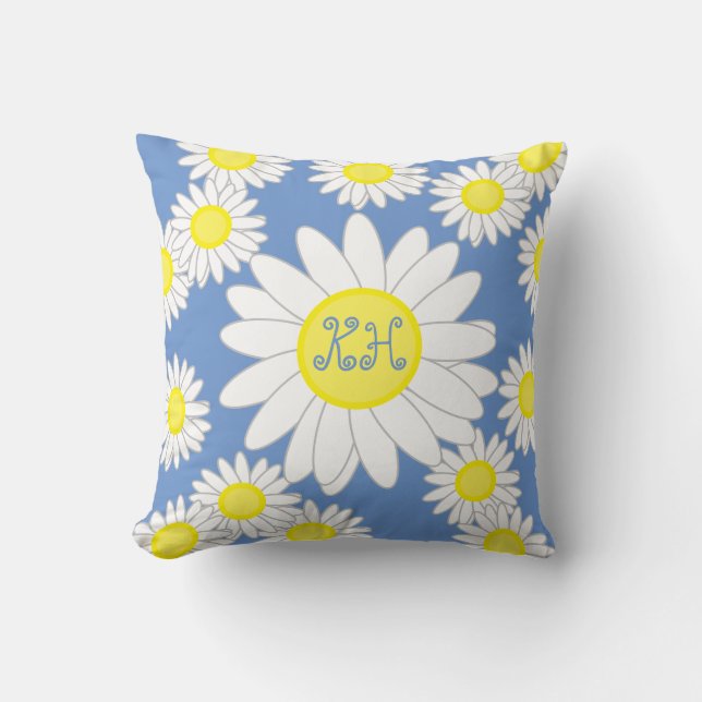 Cojín Decorativo Daisy Monograma azul blanco y amarillo (Anverso)