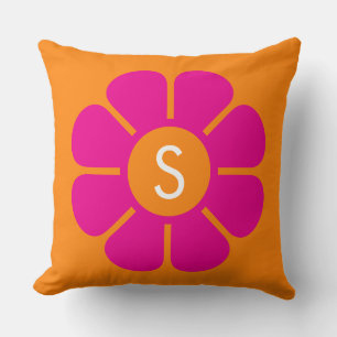 Cojín Decorativo Daisy rosa Groovy con Monograma Naranja Personaliz