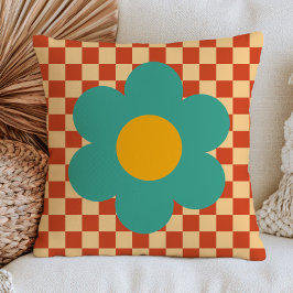 Cojín Decorativo Dalia Verde Turquesa sobre Patrón de Cuadros Marró