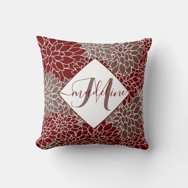 Cojín Decorativo Dalias rojas y plateadas personalizadas (Anverso)