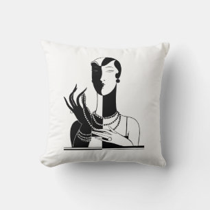 Cojín Decorativo Dama Art Deco Vintage con Perlas Negro Transp