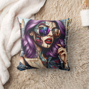 Cojín Decorativo Dama Bonita Abstracta Colorida con Cabello Púrpura