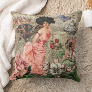 Cojín Decorativo Dama de Café Mujer Victoriana Rosa Vestido Rico