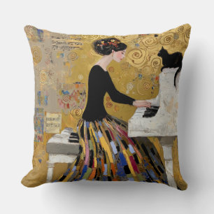 Cojín Decorativo Dama de Klimt con piano y gato negro en oro