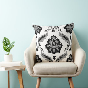 Cojín Decorativo Damascado Rococó Patrón Grande Gris Negro Blanco