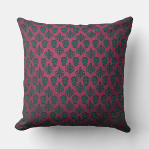 Cojín Decorativo Damascado Teal Y Calaveras Sobre Rosa Caliente Tex