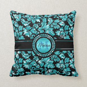 Cojín Decorativo Damasco Blanco Y Azul Metálico