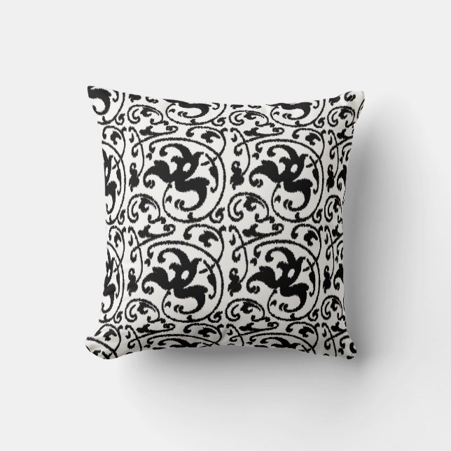 Cojín Decorativo Damasco con flores de Ikat - Blanco y negro (Anverso)