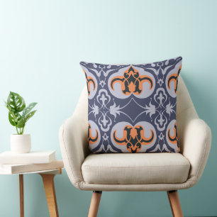 Cojín Decorativo Damasco de época - Patrón elegante Naranja azul