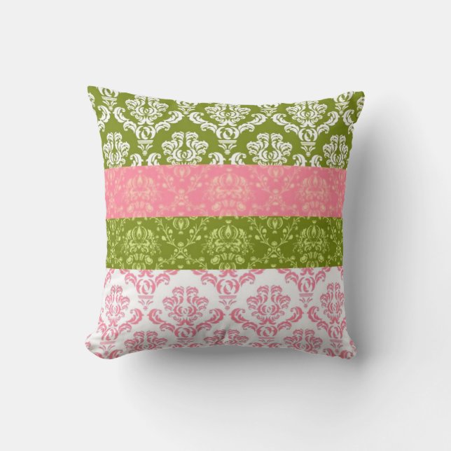 Cojín Decorativo Damasco de franja rosa y verde (Anverso)