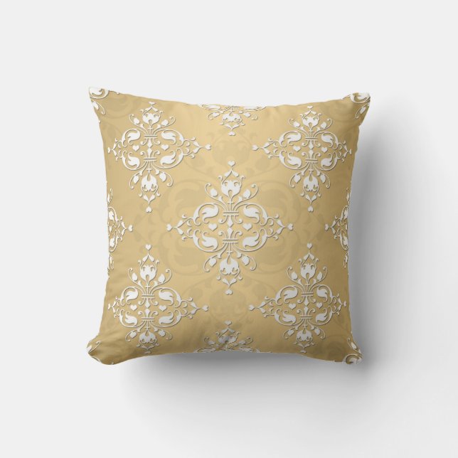 Cojín Decorativo Damasco dorado amarillo y blanco (Anverso)