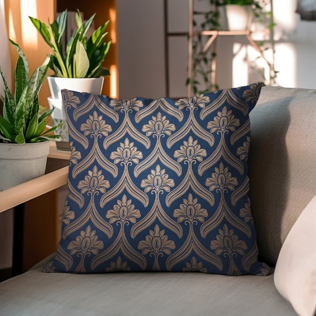 Cojín Decorativo Damasco dorado floral sobre azul oscuro (Subido por el creador)