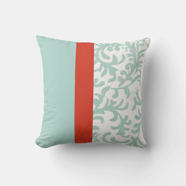 Cojín Decorativo Damasco floral azul rojo y Verde azulado (Anverso)