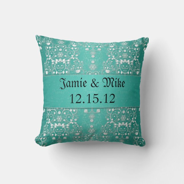 Cojín Decorativo Damasco Floral Turquesa y Blanco (Anverso)