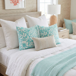 Cojín Decorativo Damasco Floral Turquesa y Blanco