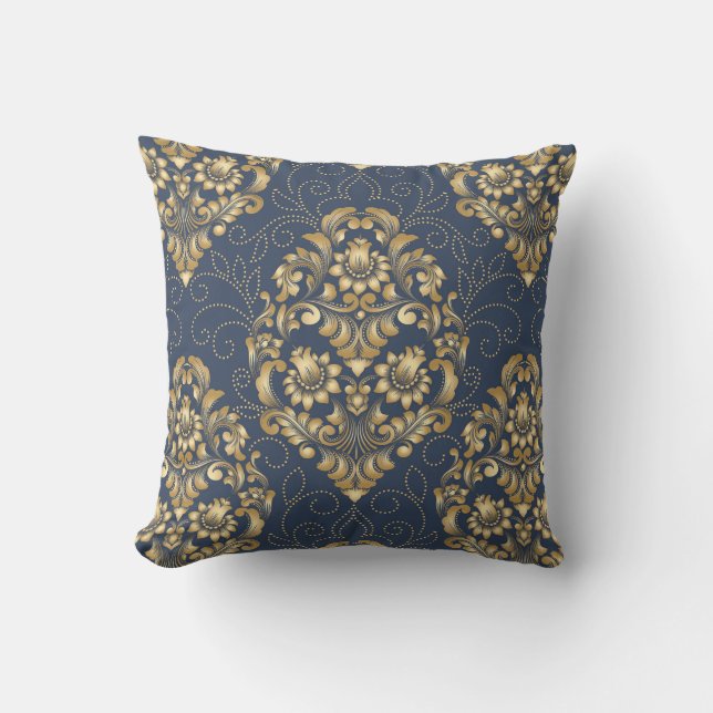 Cojín Decorativo Damasco Ornamental Floral Azul Dorado (Anverso)
