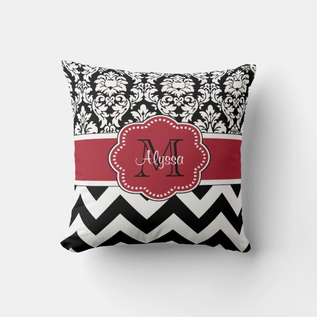 Cojín Decorativo Damasco rojo negro Chevron personalizado (Anverso)