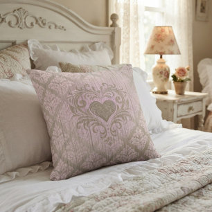 Cojín Decorativo Damasco Rosa Sonrojado con Corazón