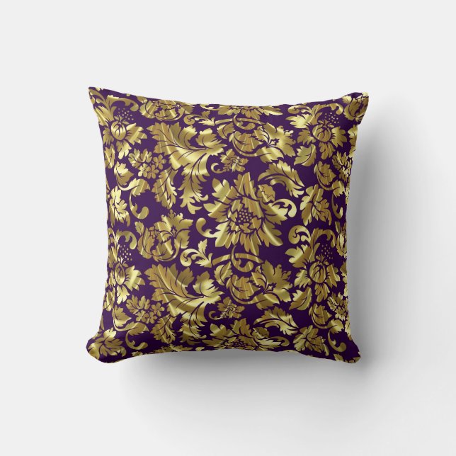 Cojín Decorativo Damascos Florales Profundos De Púrpura Y Oro (Anverso)