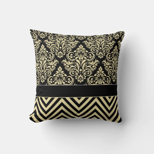 Cojín Decorativo Damask Chevron - marfil negro (Anverso)