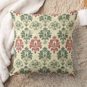 Cojín Decorativo Damask Intemporal Rojo Verde Beige Aspecto Vintage