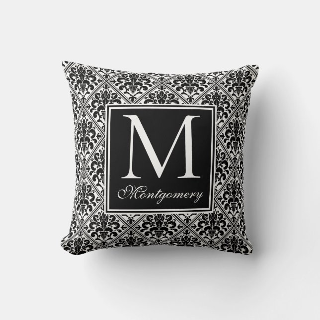 Cojín Decorativo Damask Negro Blanco Monogramado (Anverso)