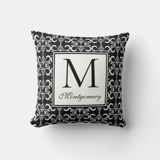 Cojín Decorativo Damask Negro Blanco Monogramado (Anverso)