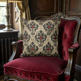 Cojín Decorativo Damask Negro Rojo y Beige Victoriano Antiguo