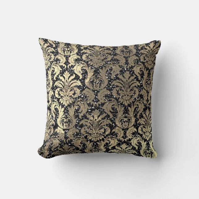 Cojín Decorativo Damask Sepia Gold Metallic Purpurina Negro (Anverso)