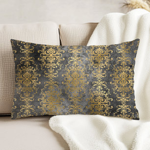 Cojín Decorativo Damask Vintage Carbón y Dorado Distorsionado