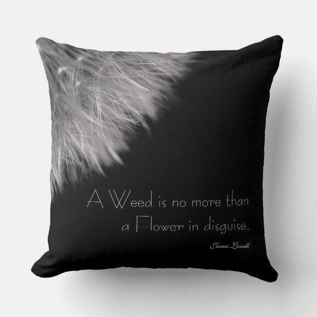 Cojín Decorativo Dandelion en blanco y negro con cita (Anverso)