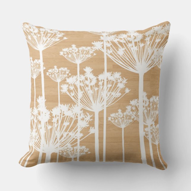 Cojín Decorativo Dandelions blancos sobre fondo de madera falsa Rús (Anverso)