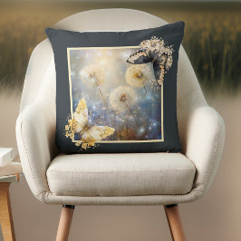 Cojín Decorativo Dandelions mágicos con mariposas negras y doradas