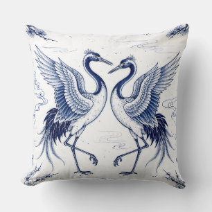 Cojín Decorativo Danza de grullas Estilo Imari japonés azul y blanc