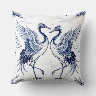 Cojín Decorativo Danza de grullas Estilo Imari japonés azul y blanc