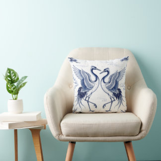 Cojín Decorativo Danza de grullas Estilo Imari japonés azul y blanc